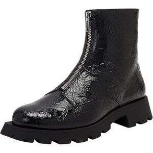 Katy Perry Combat Boot Square DAARLING Wrinkle Black Leather Front Zip Black 5.5